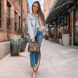 Mable x Vici Frances Blue Tweed Frayed and Denim Trim Blazer Jacket